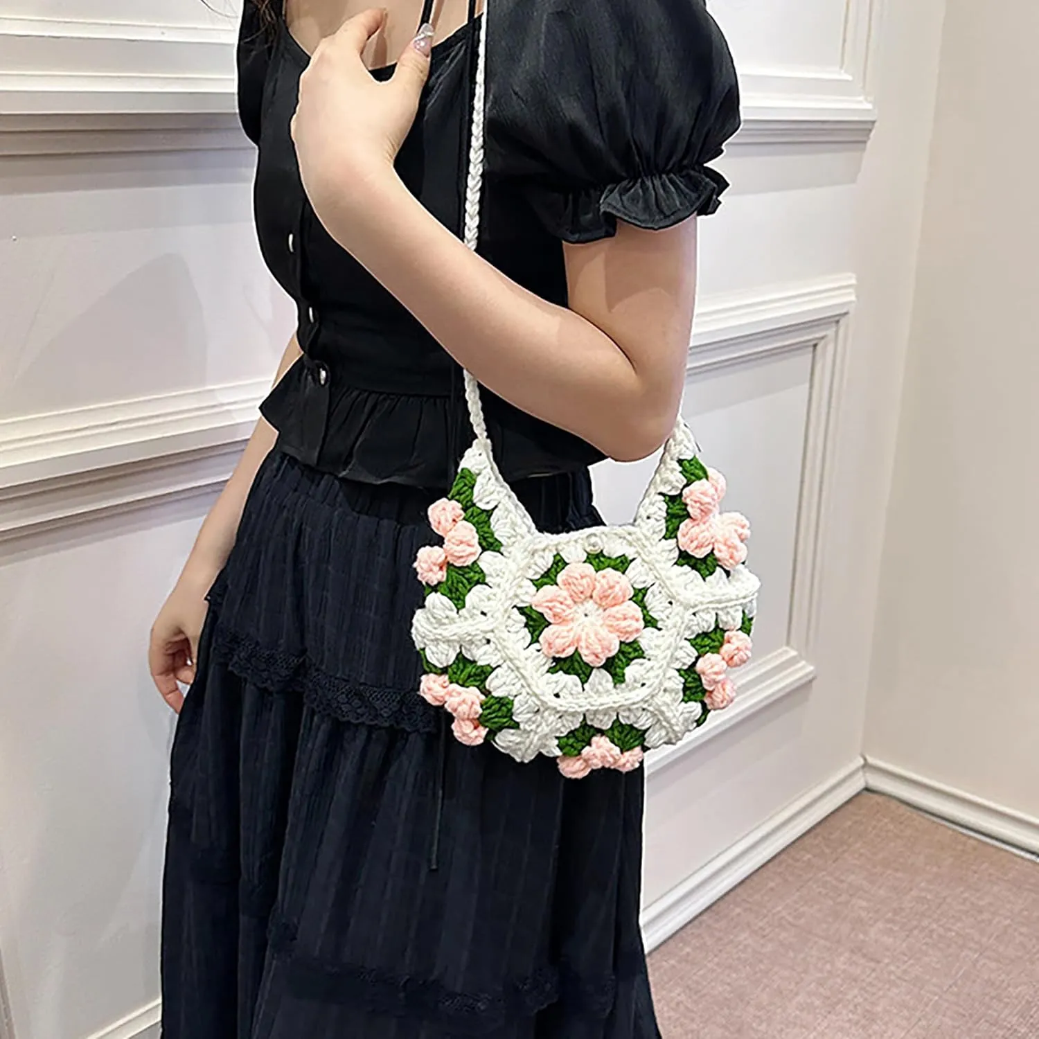 Women Girls Mini Flower Woolen yarn Crochet Crossbody Shoulder Bag Purse
