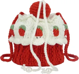 Women Girls Mini Strawberry Knitting yarn Crochet Crossbody Shoulder Bag Small Drawstring Bucket Bag Coin Purse