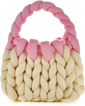 Women Handwoven Top-handle Bag Chunky Yarn Knitted Braided Tote Handbag Finger Crochet Wristlet Purse For Travel Daily