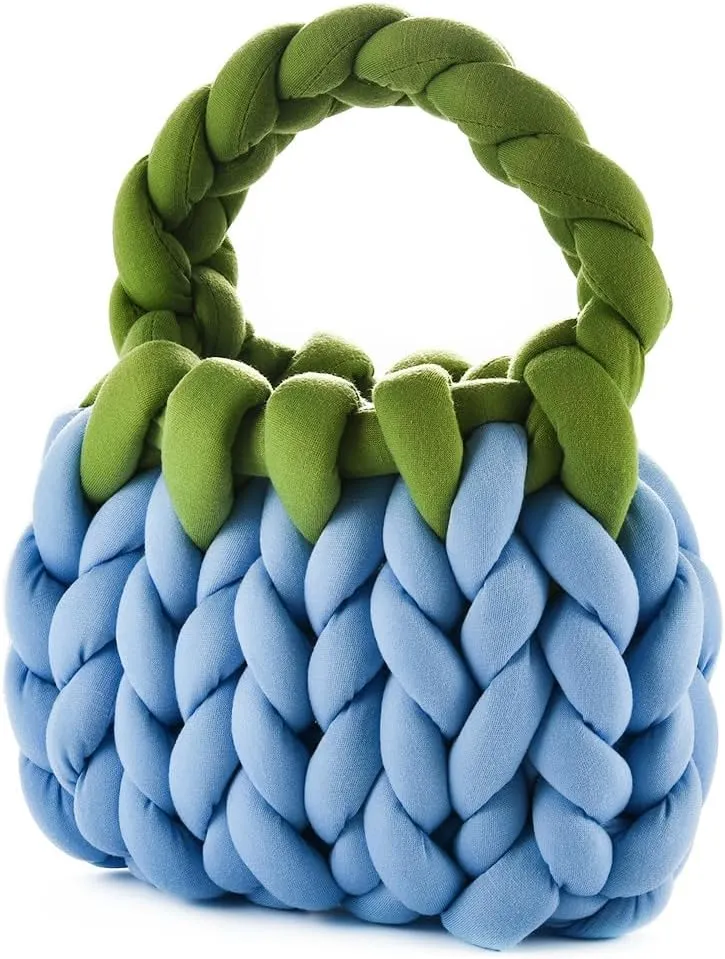 Women Handwoven Top-handle Bag Chunky Yarn Knitted Braided Tote Handbag Finger Crochet Wristlet Purse For Travel Daily