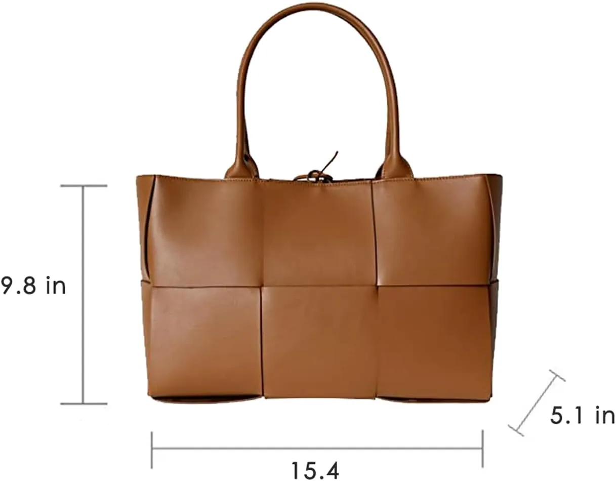 Women Large Leather Woven Shoulder Bag Crossbody Bag,Ladies Top Handle Satchel Tote Work Bag with Matching Clutch
