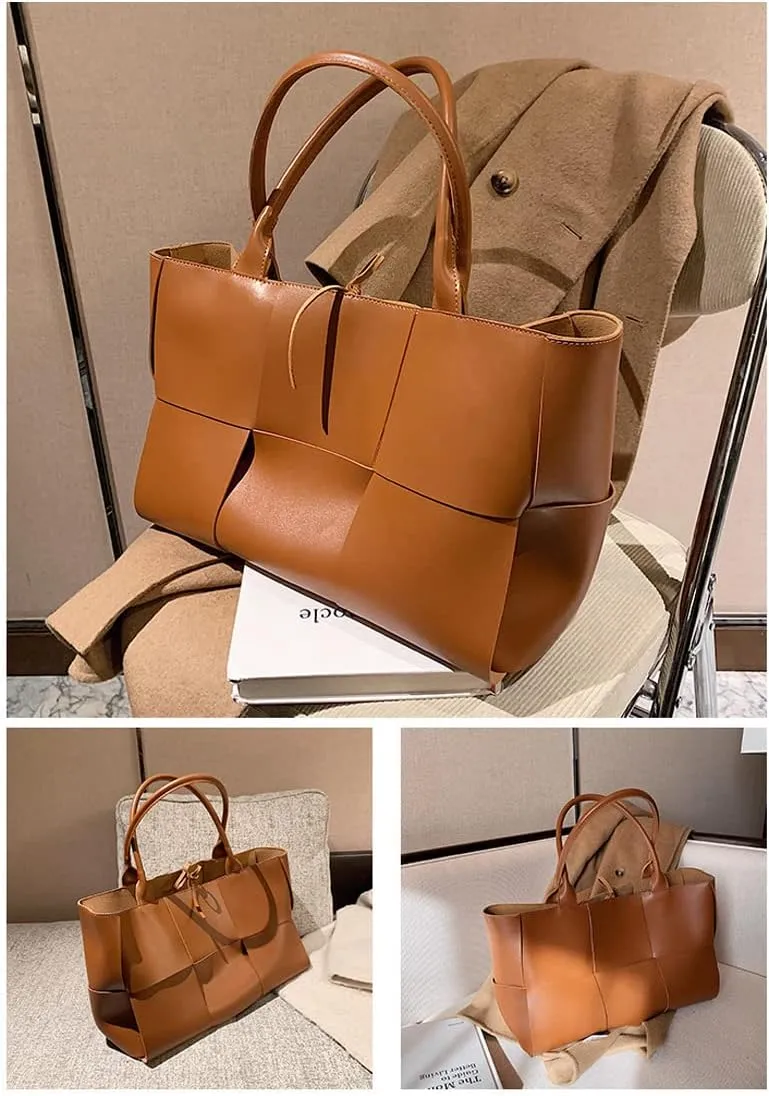 Women Large Leather Woven Shoulder Bag Crossbody Bag,Ladies Top Handle Satchel Tote Work Bag with Matching Clutch