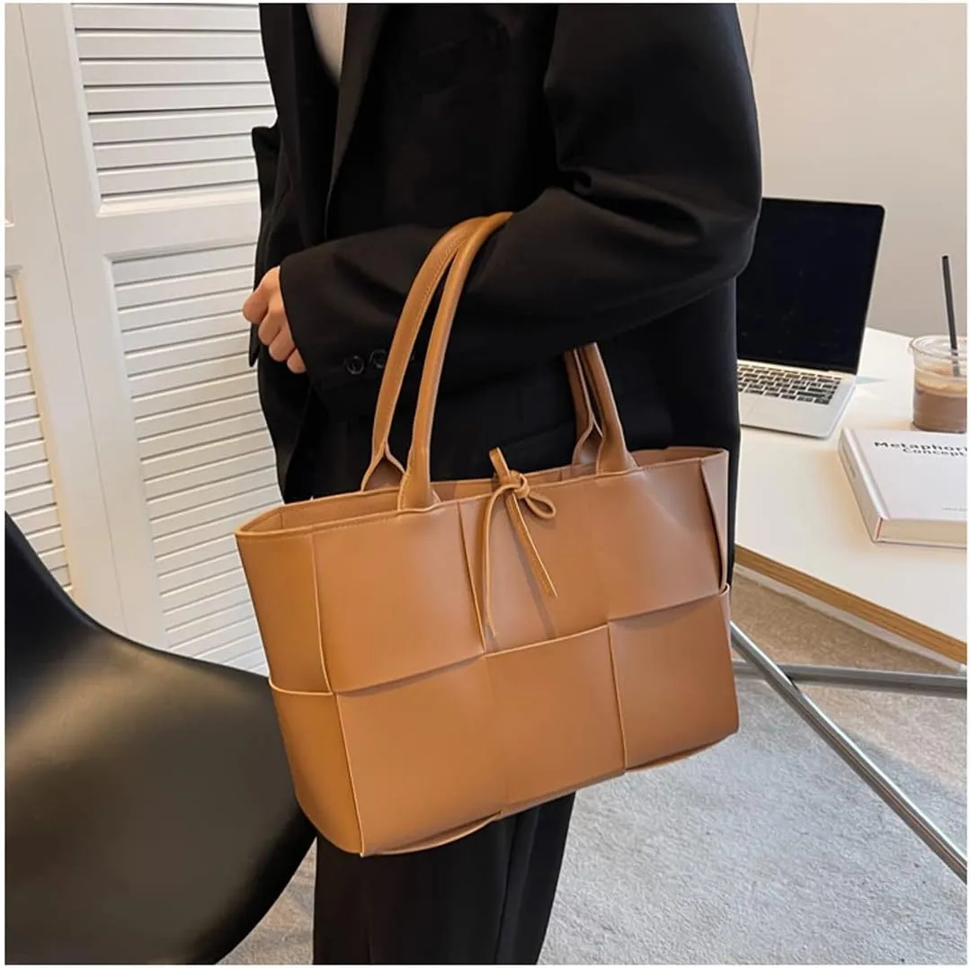 Women Large Leather Woven Shoulder Bag Crossbody Bag,Ladies Top Handle Satchel Tote Work Bag with Matching Clutch