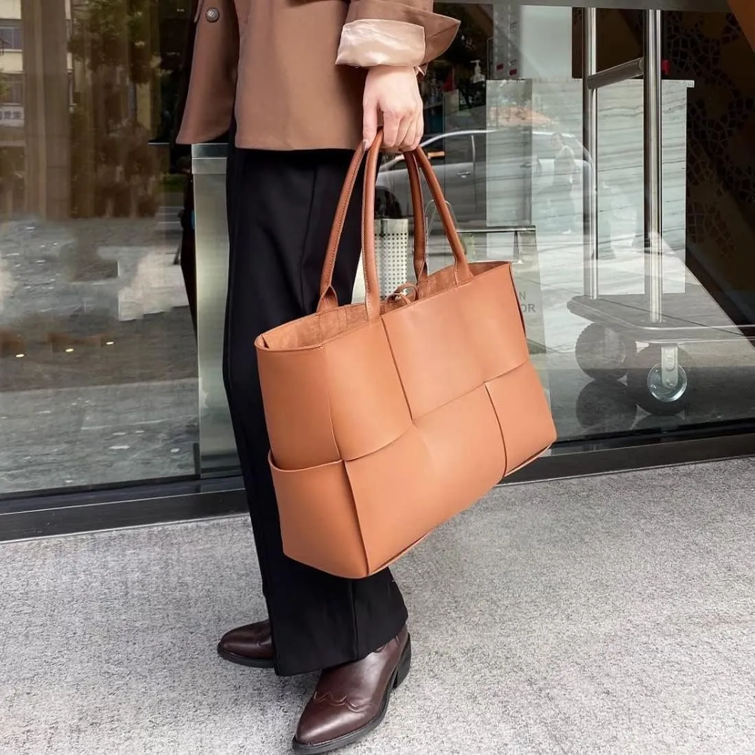 Women Large Leather Woven Shoulder Bag Crossbody Bag,Ladies Top Handle Satchel Tote Work Bag with Matching Clutch