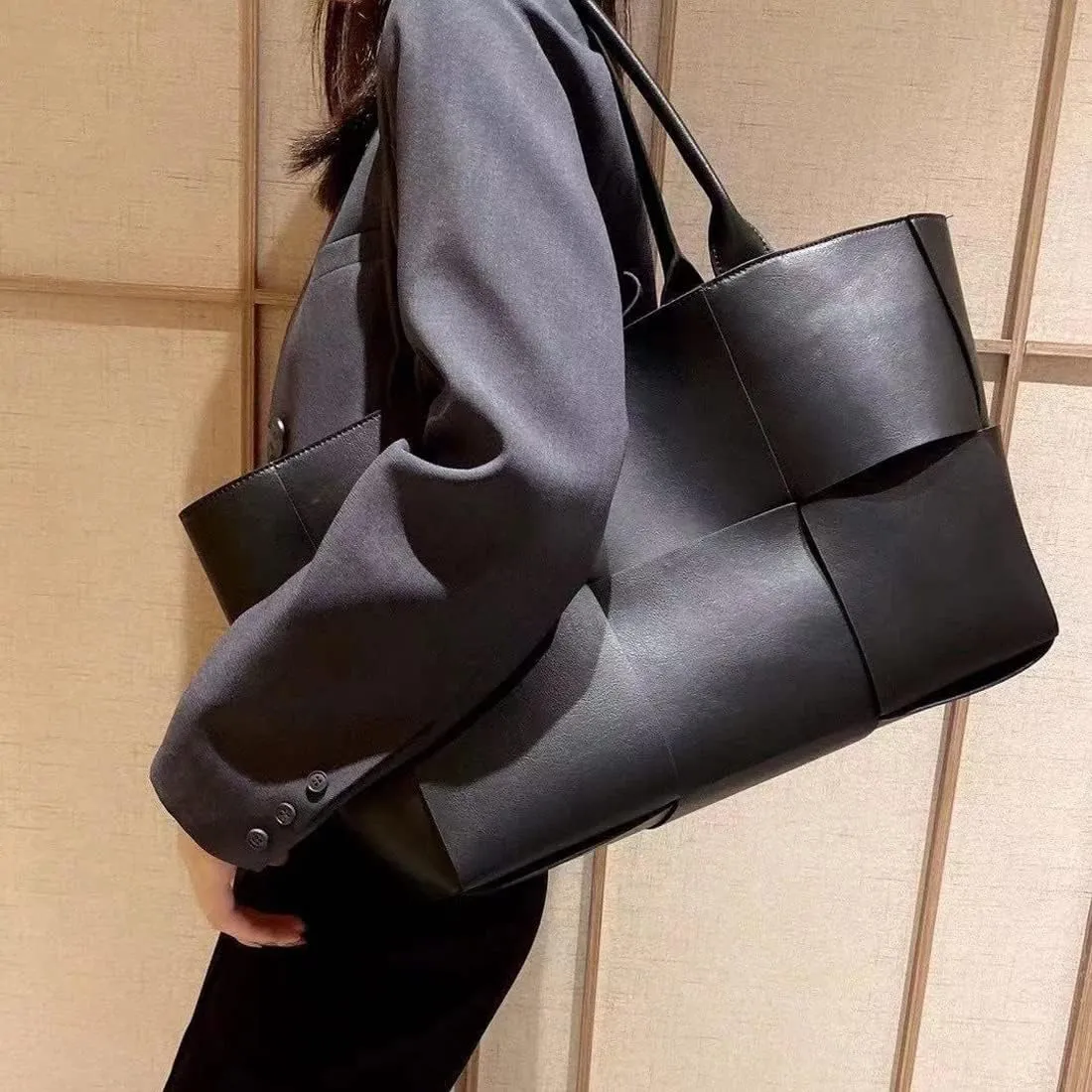 Women Large Leather Woven Shoulder Bag Crossbody Bag,Ladies Top Handle Satchel Tote Work Bag with Matching Clutch