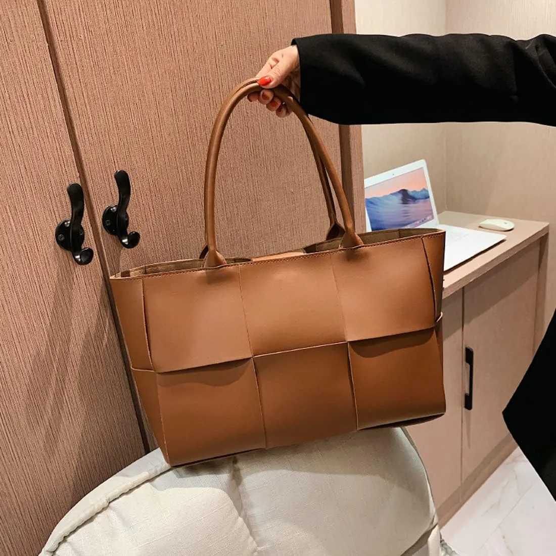 Women Large Leather Woven Shoulder Bag Crossbody Bag,Ladies Top Handle Satchel Tote Work Bag with Matching Clutch