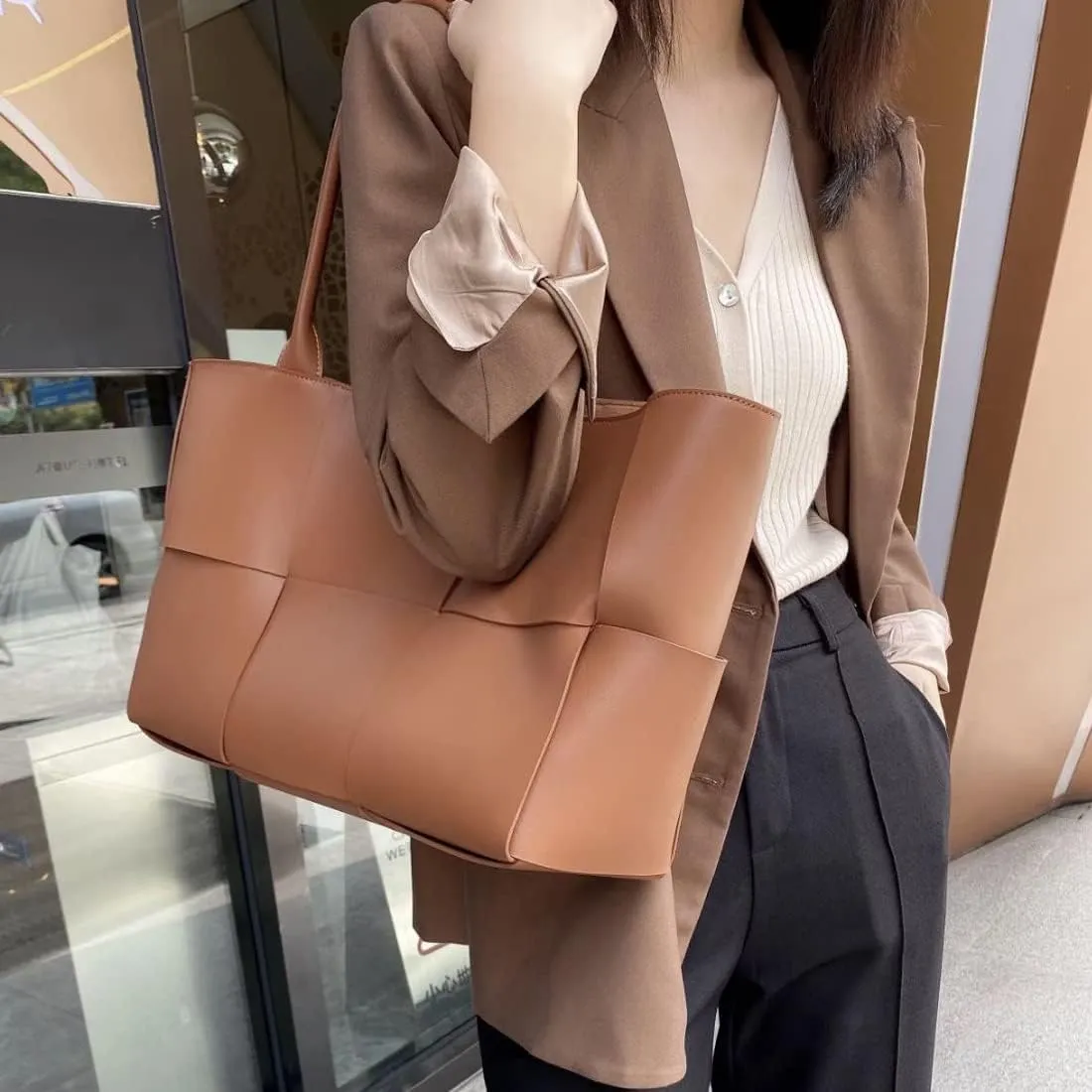 Women Large Leather Woven Shoulder Bag Crossbody Bag,Ladies Top Handle Satchel Tote Work Bag with Matching Clutch