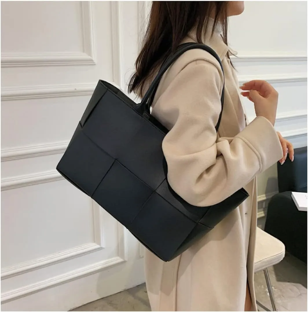 Women Large Leather Woven Shoulder Bag Crossbody Bag,Ladies Top Handle Satchel Tote Work Bag with Matching Clutch