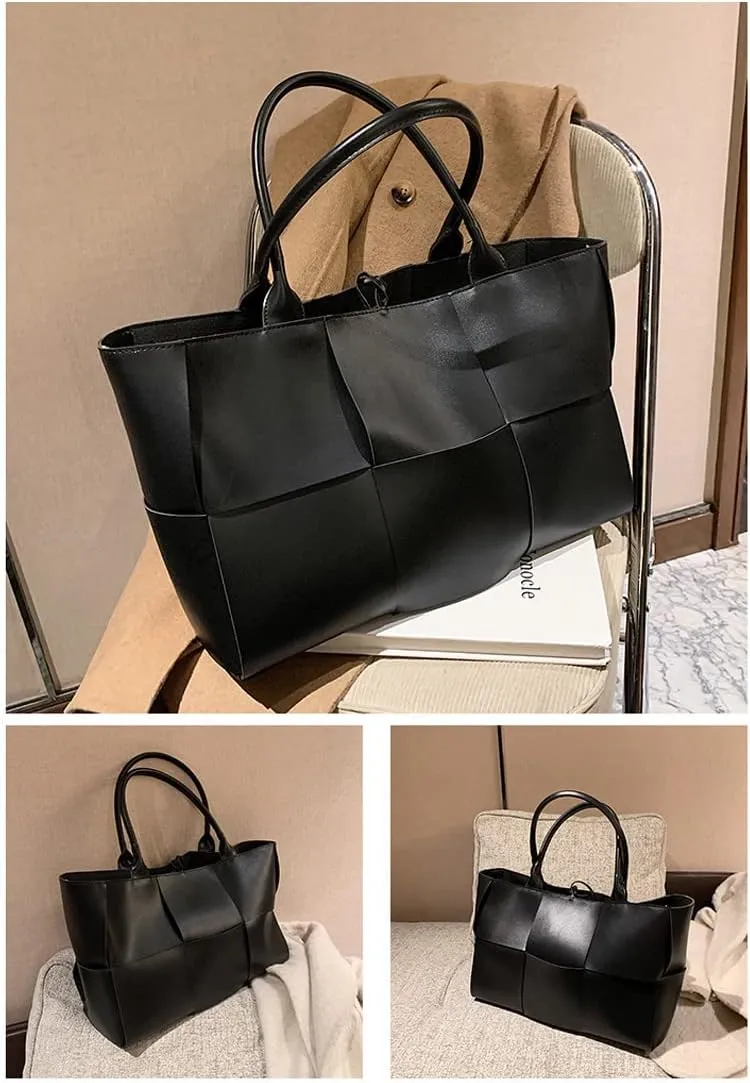 Women Leather Woven Shoulder Bag,Ladies Top Handle Satchel Tote Work Bag with Matching Clutch…