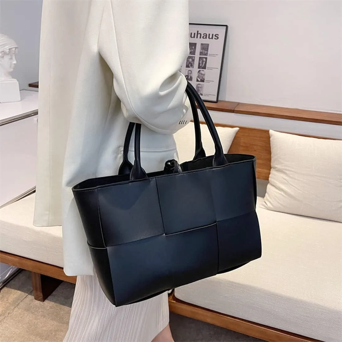 Women Leather Woven Shoulder Bag,Ladies Top Handle Satchel Tote Work Bag with Matching Clutch…