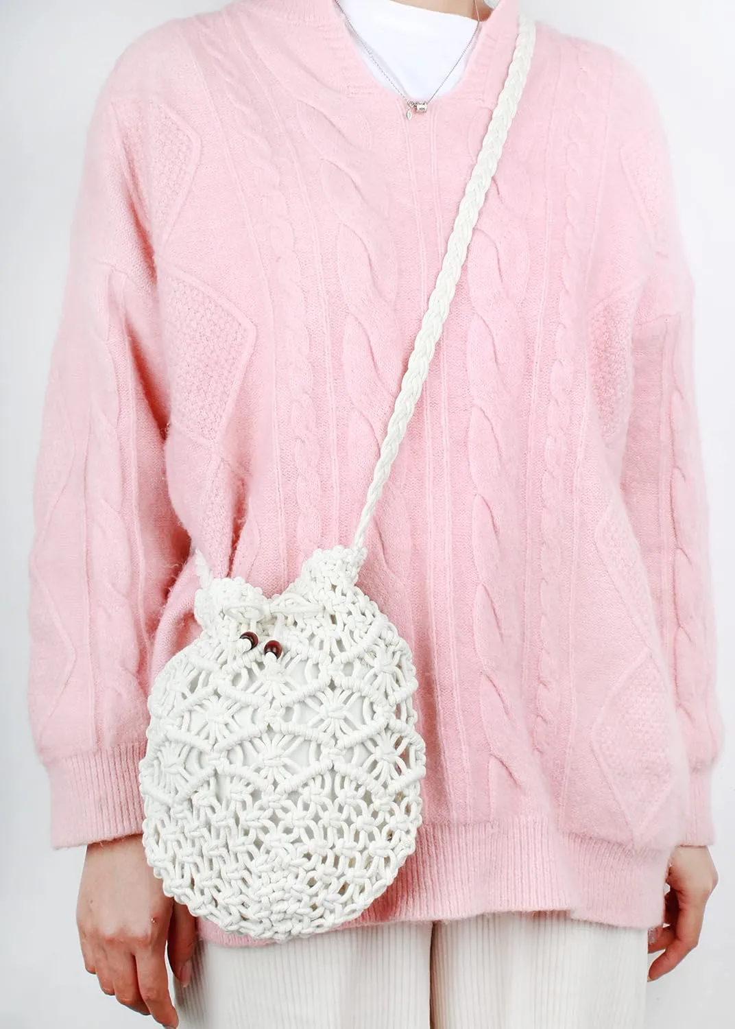 Women Mini Cotton Crochet Crossbody Bag Summer Beach Shoulder Bag Drawstring Purse