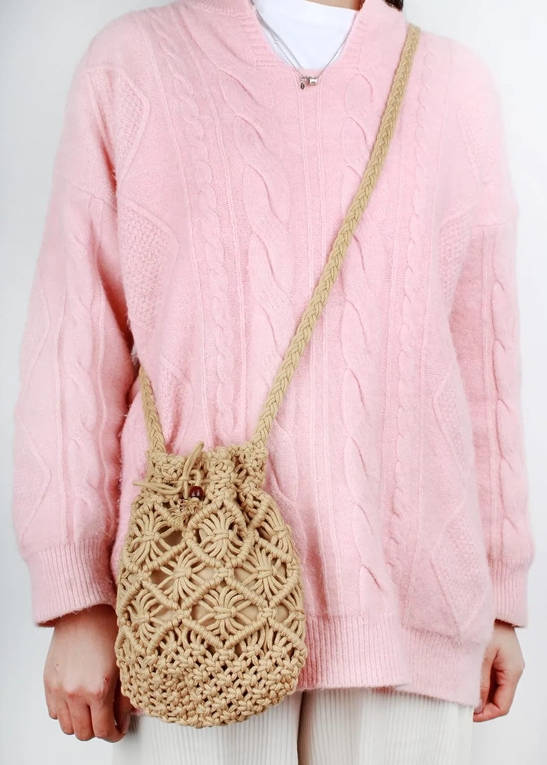 Women Mini Cotton Crochet Crossbody Bag Summer Beach Shoulder Bag Drawstring Purse
