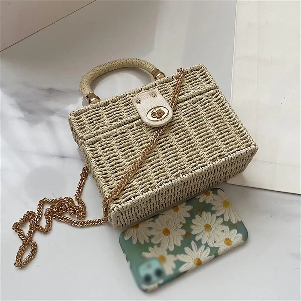 Women Rattan Box Bags Square Crossbody Bag Handmade Woven Beach Bohemia Handbags Purse