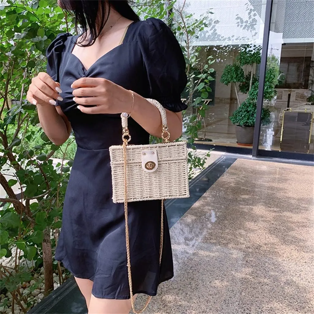 Women Rattan Box Bags Square Crossbody Bag Handmade Woven Beach Bohemia Handbags Purse