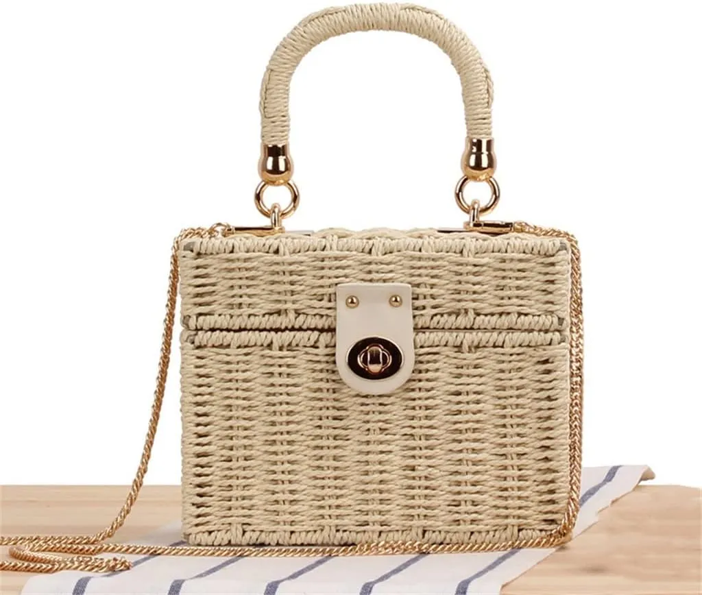 Women Rattan Box Bags Square Crossbody Bag Handmade Woven Beach Bohemia Handbags Purse