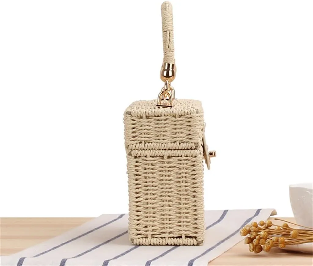 Women Rattan Box Bags Square Crossbody Bag Handmade Woven Beach Bohemia Handbags Purse