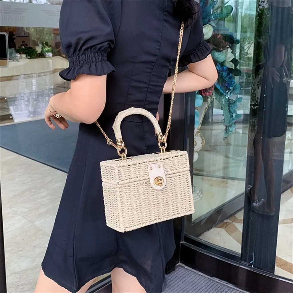 Women Rattan Box Bags Square Crossbody Bag Handmade Woven Beach Bohemia Handbags Purse