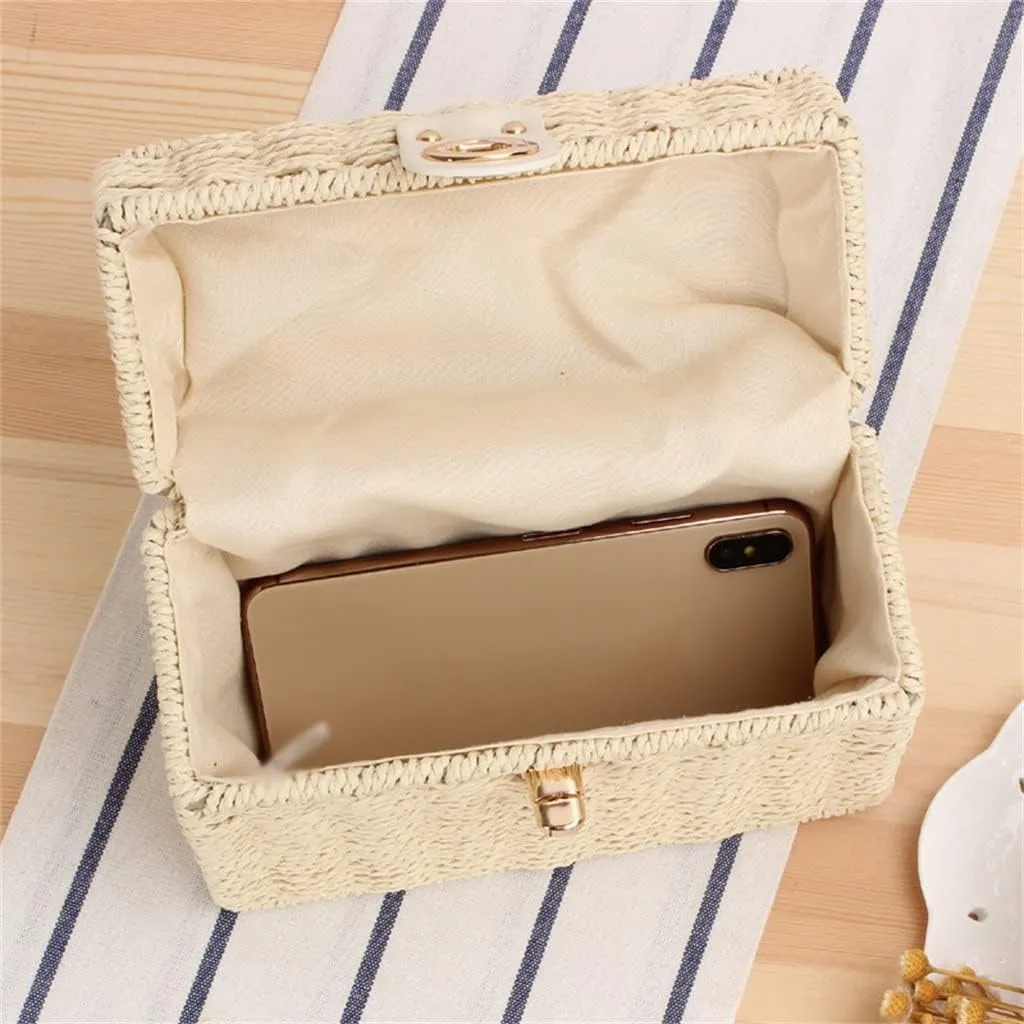 Women Rattan Box Bags Square Crossbody Bag Handmade Woven Beach Bohemia Handbags Purse
