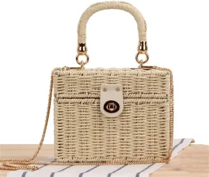 Women Rattan Box Bags Square Crossbody Bag Handmade Woven Beach Bohemia Handbags Purse