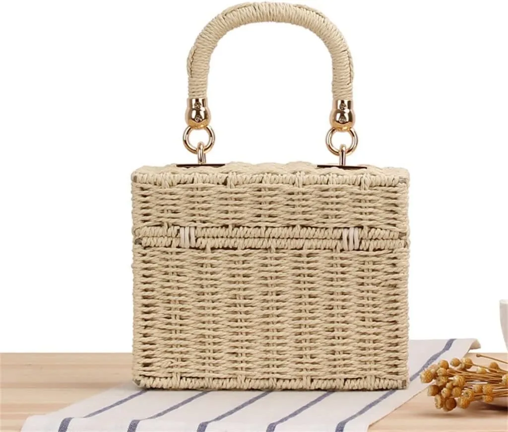Women Rattan Box Bags Square Crossbody Bag Handmade Woven Beach Bohemia Handbags Purse
