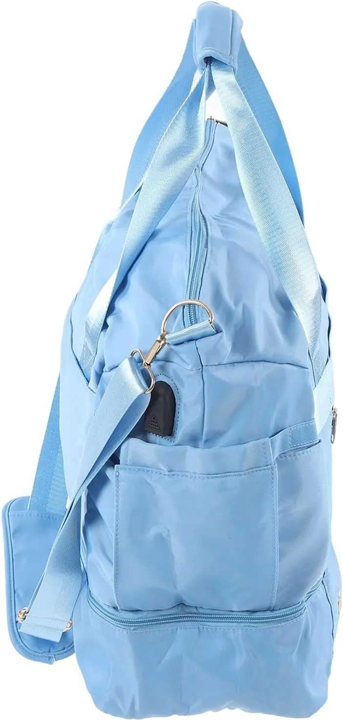 Women Sports Gym Bag Multiple Pockets Large Capacity Workout Travel Bag with USB Charging Port for Fitness Yoga (Light Blue)