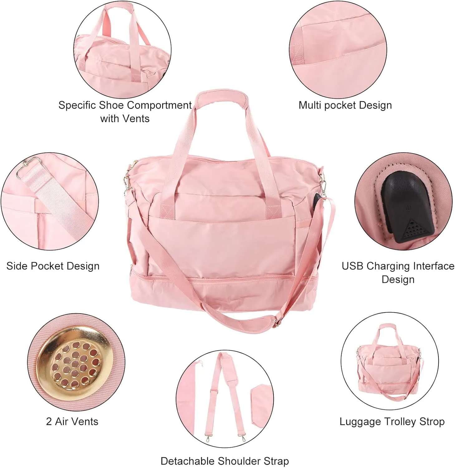 Women Sports Gym Bag Multiple Pockets Large Capacity Workout Travel Bag with USB Charging Port for Fitness Yoga (Pink)