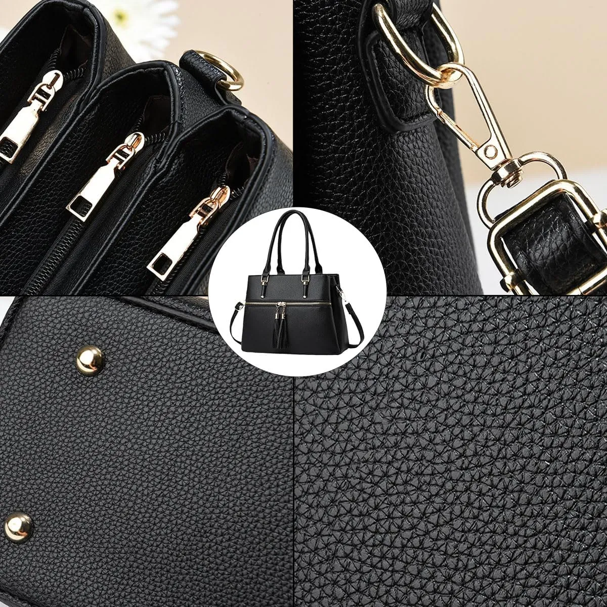 Women Tassels Satchel Bag Top-Handle Bag Shoulder Bag Handbag and Purse Pockets Zipper Leather Crossbody Bag Tote