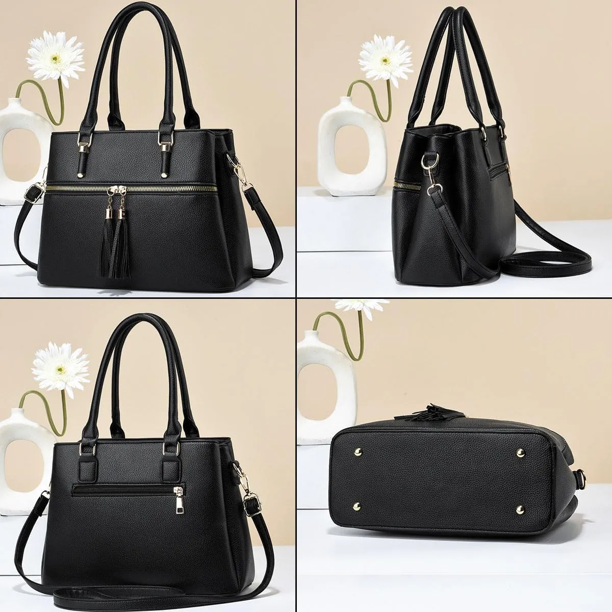 Women Tassels Satchel Bag Top-Handle Bag Shoulder Bag Handbag and Purse Pockets Zipper Leather Crossbody Bag Tote