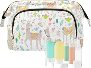 Women Wave Quilt Cosmetic Bag, Storage Pouch Handbag Makeup Case Zipper Toiletry Purse Holder Organizer 10.2x5.9x6.7 in Seamless Colorful Tribal Ethnic Llama, Cactus Cacti on White