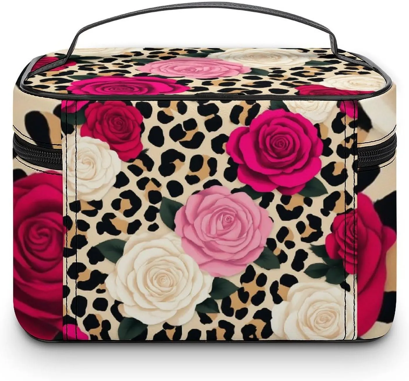 Women's Animal Rose Flowers Cheetah Leopard Print Floral Cosmetic Storage Bag, Large Capacity Makeup Case with Handle Portable Travel Toiletry Organizer Bag