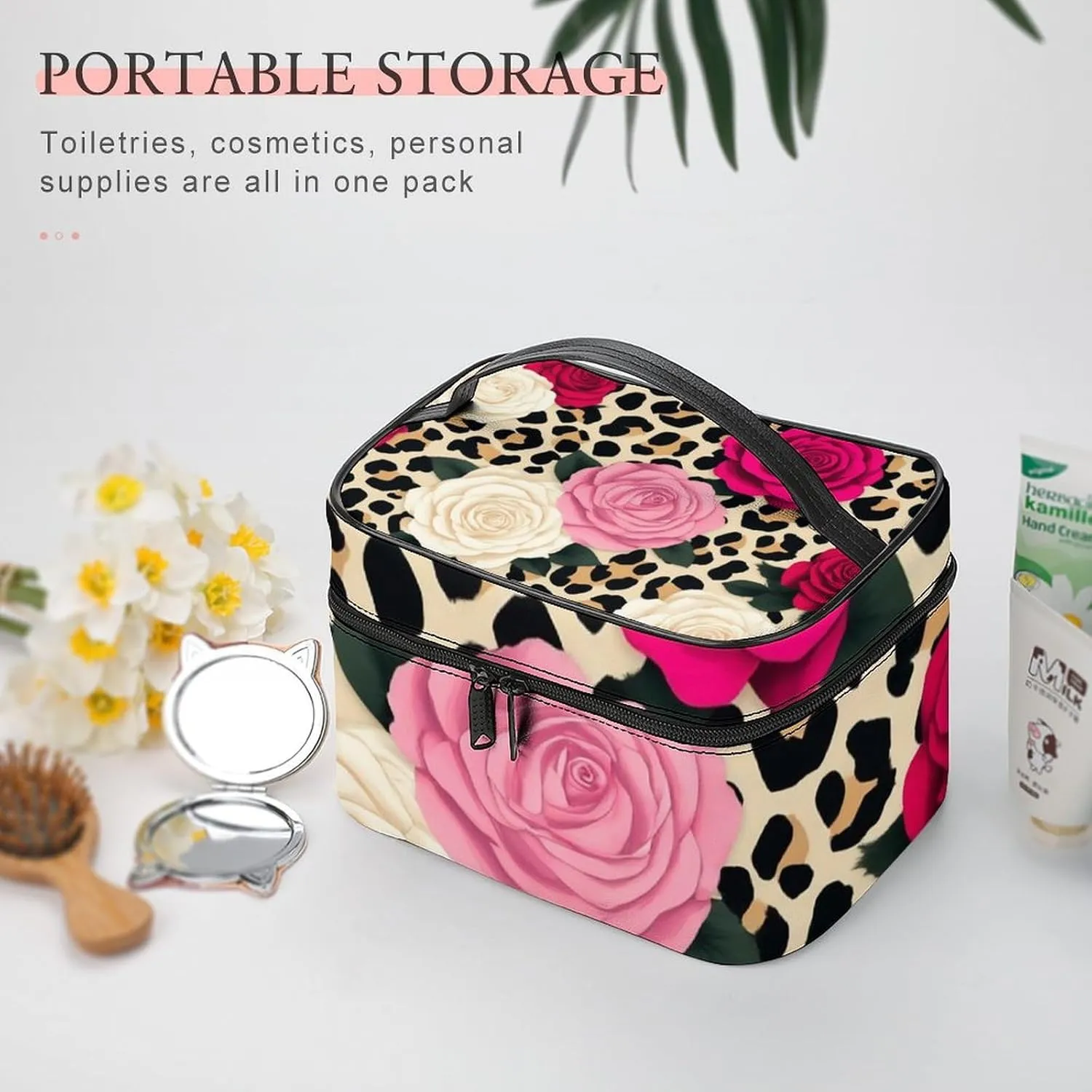 Women's Animal Rose Flowers Cheetah Leopard Print Floral Cosmetic Storage Bag, Large Capacity Makeup Case with Handle Portable Travel Toiletry Organizer Bag