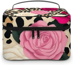 Women's Animal Rose Flowers Cheetah Leopard Print Floral Cosmetic Storage Bag, Large Capacity Makeup Case with Handle Portable Travel Toiletry Organizer Bag