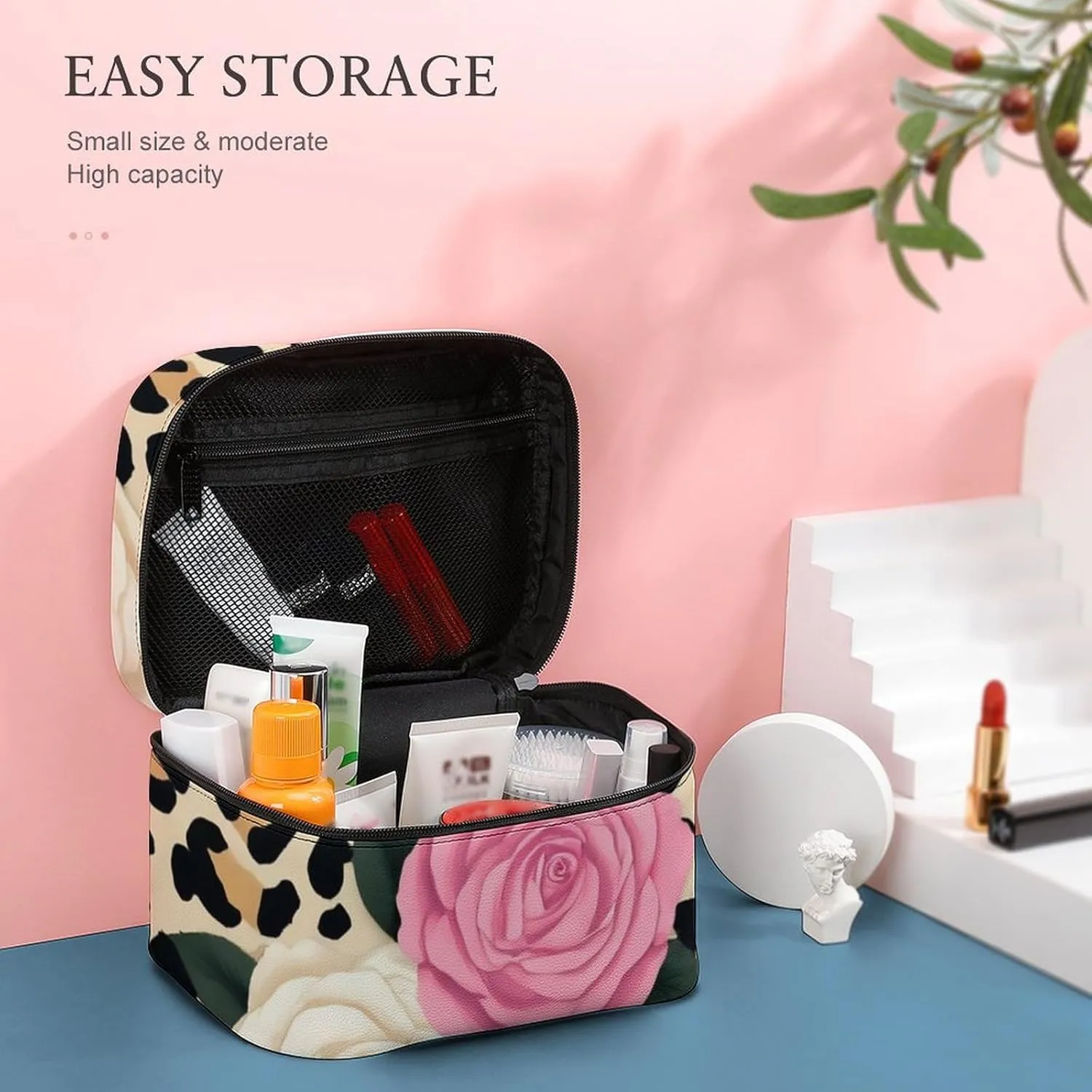 Women's Animal Rose Flowers Cheetah Leopard Print Floral Cosmetic Storage Bag, Large Capacity Makeup Case with Handle Portable Travel Toiletry Organizer Bag