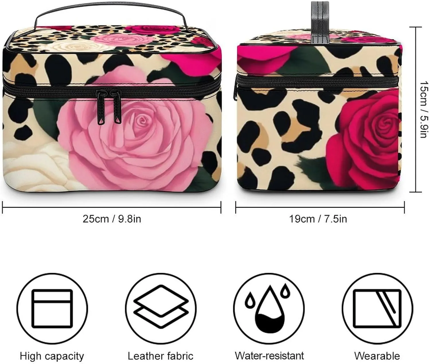 Women's Animal Rose Flowers Cheetah Leopard Print Floral Cosmetic Storage Bag, Large Capacity Makeup Case with Handle Portable Travel Toiletry Organizer Bag