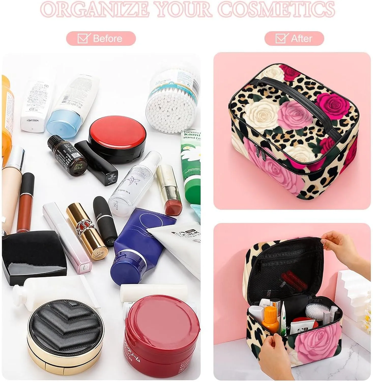 Women's Animal Rose Flowers Cheetah Leopard Print Floral Cosmetic Storage Bag, Large Capacity Makeup Case with Handle Portable Travel Toiletry Organizer Bag