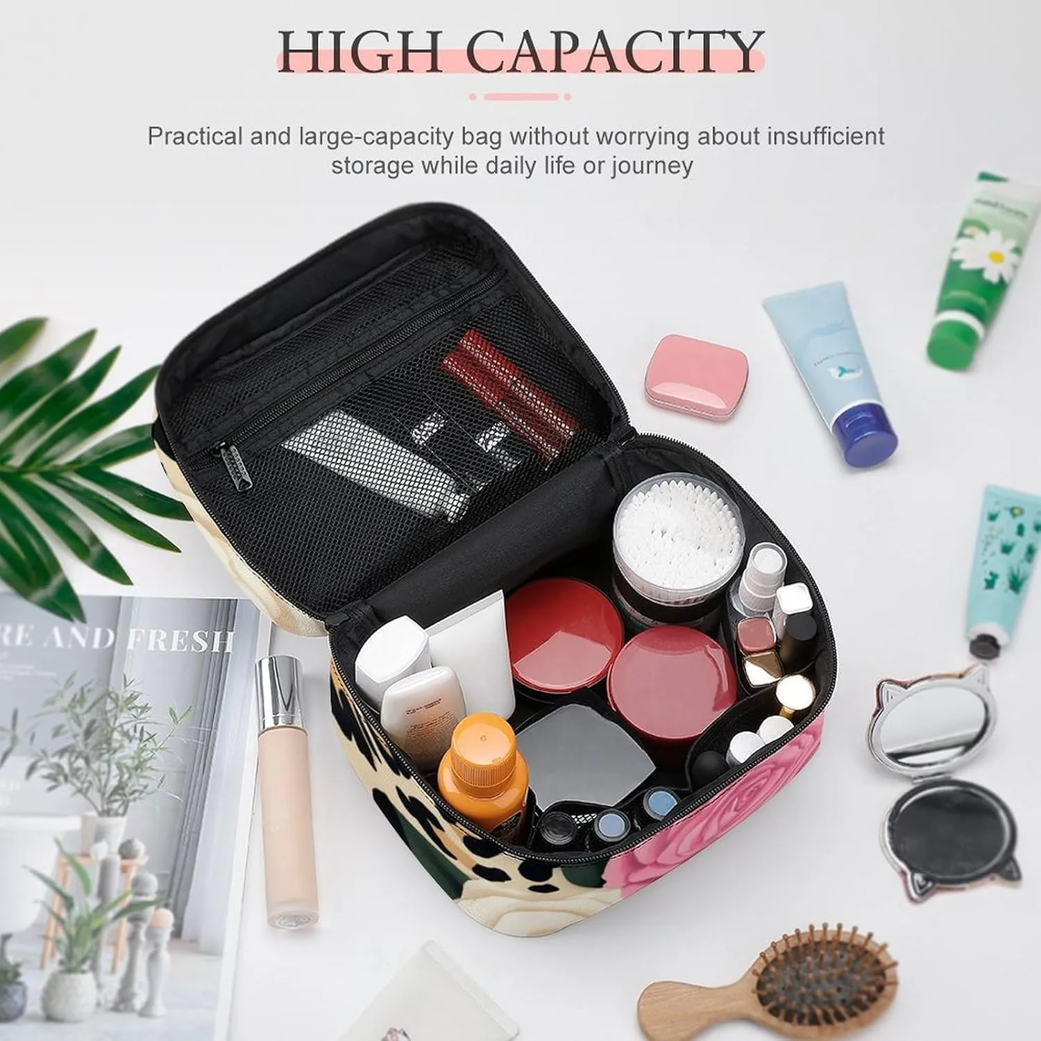 Women's Animal Rose Flowers Cheetah Leopard Print Floral Cosmetic Storage Bag, Large Capacity Makeup Case with Handle Portable Travel Toiletry Organizer Bag