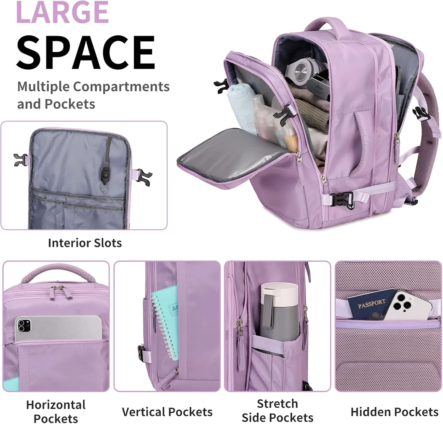Women's Casual Daypack Backpacks, Carry On Travel Backpack Flight Approved, Expandable Multiple Compartments Laptop Backpack Purple