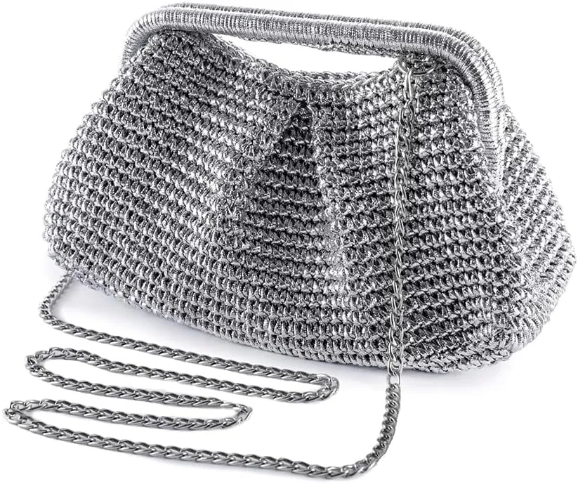 Women's Evening Bag Woven with leather gold threads Clutch Purse Detachable Chain Crossbody Bag