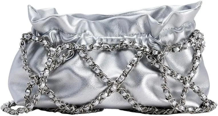 Women's Fashion Ruched Shoulder Bag Crossbody Casual Bag With Chain Medium