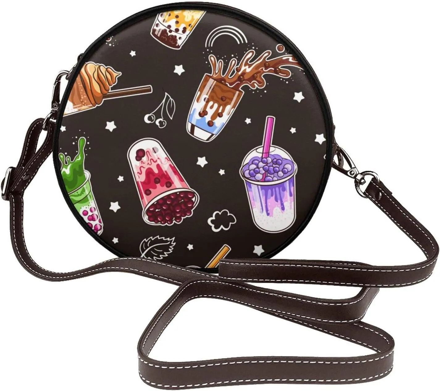 Women's Faux Leather Large Round Crossbody Purse Handbag Shoulder Bag for Travel
