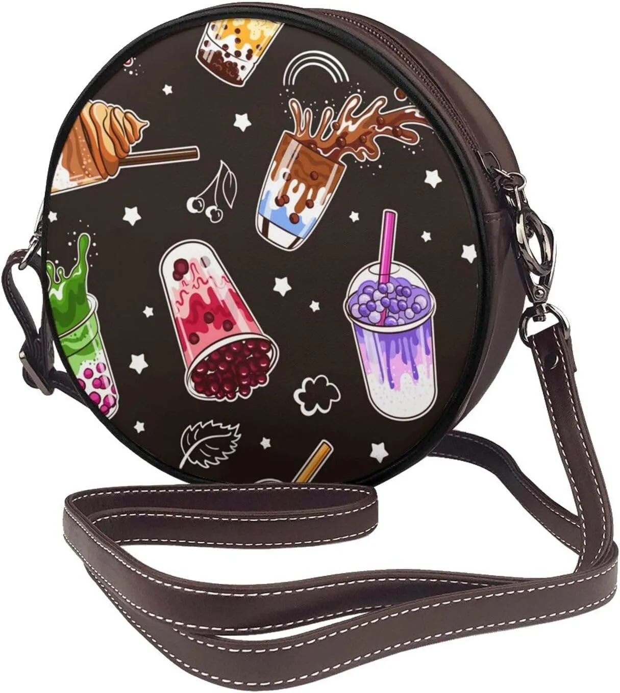 Women's Faux Leather Large Round Crossbody Purse Handbag Shoulder Bag for Travel