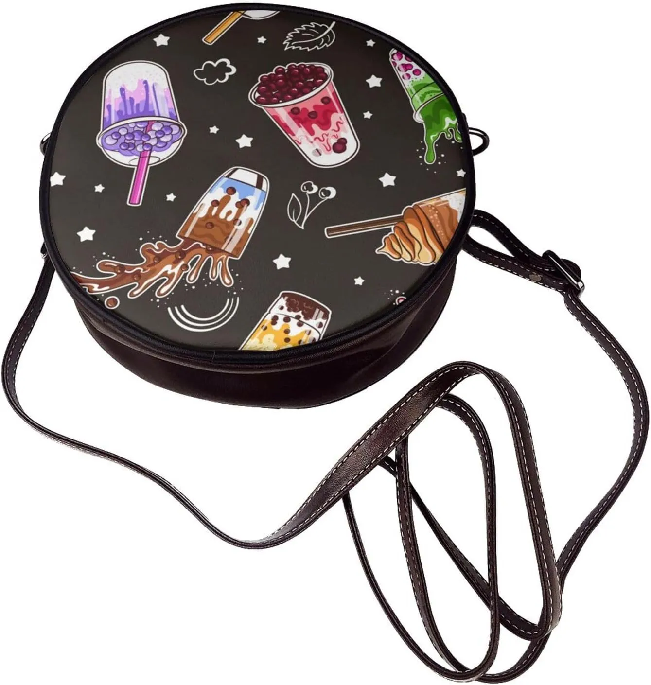 Women's Faux Leather Large Round Crossbody Purse Handbag Shoulder Bag for Travel
