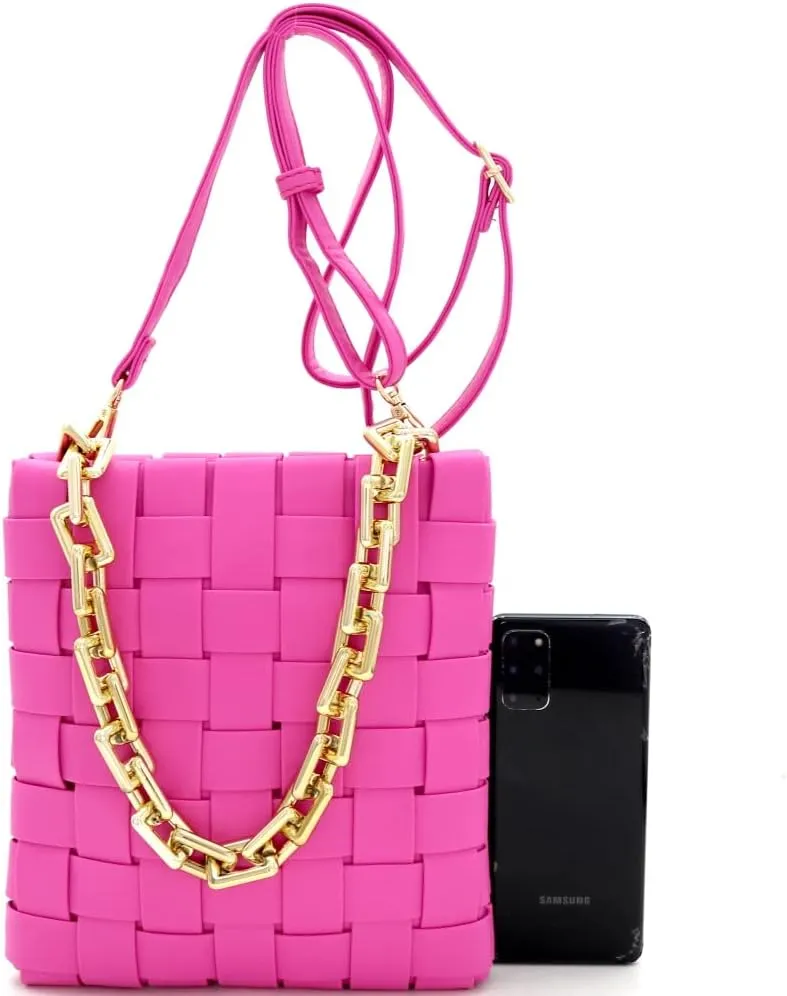 Womens Girls Gold Chain Accent Vegan Leather Clutch Purse Tote Handbag Crossbody