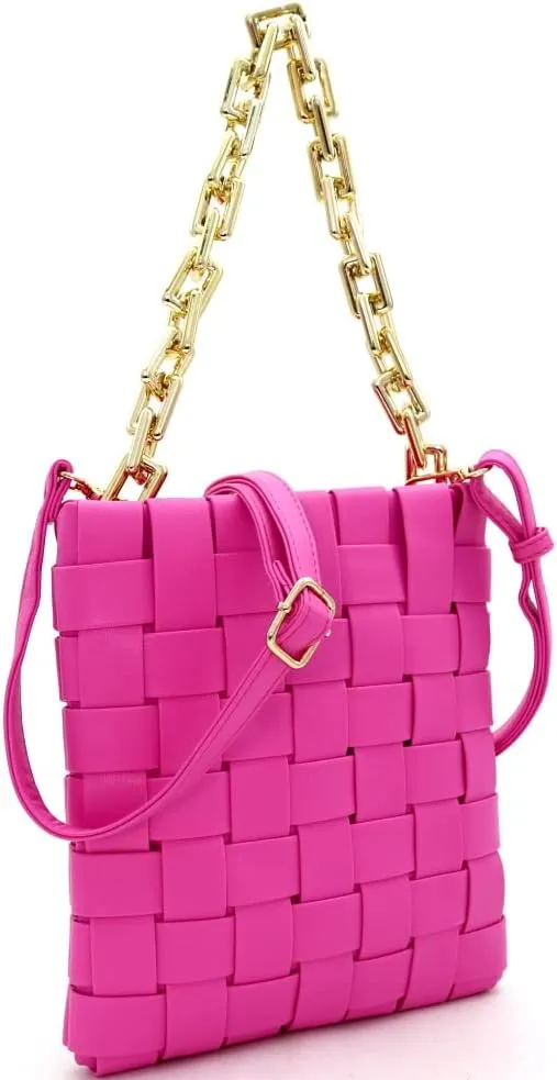 Womens Girls Gold Chain Accent Vegan Leather Clutch Purse Tote Handbag Crossbody