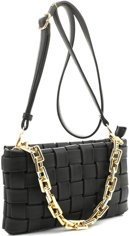 Womens Girls Gold Chain Accent Vegan Leather Clutch Purse Tote Handbag Crossbody