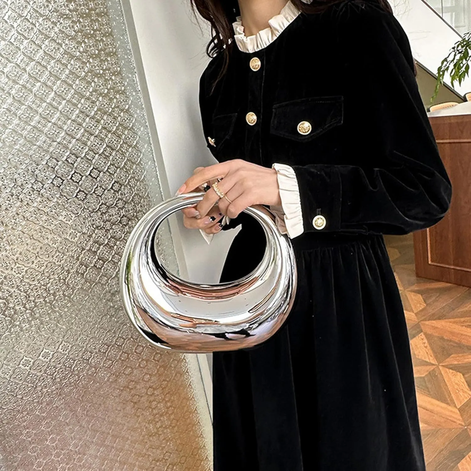 Women's Gold Acrylic Moon Shape Evening Clutch Purse Fashion Y2K Mirror Hobo Handbag for prom Party