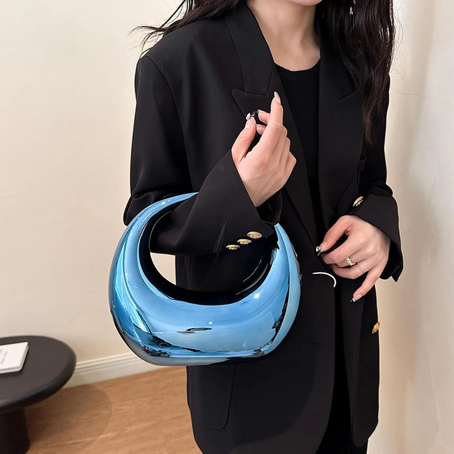 Women's Gold Acrylic Moon Shape Evening Clutch Purse Fashion Y2K Mirror Hobo Handbag for prom Party