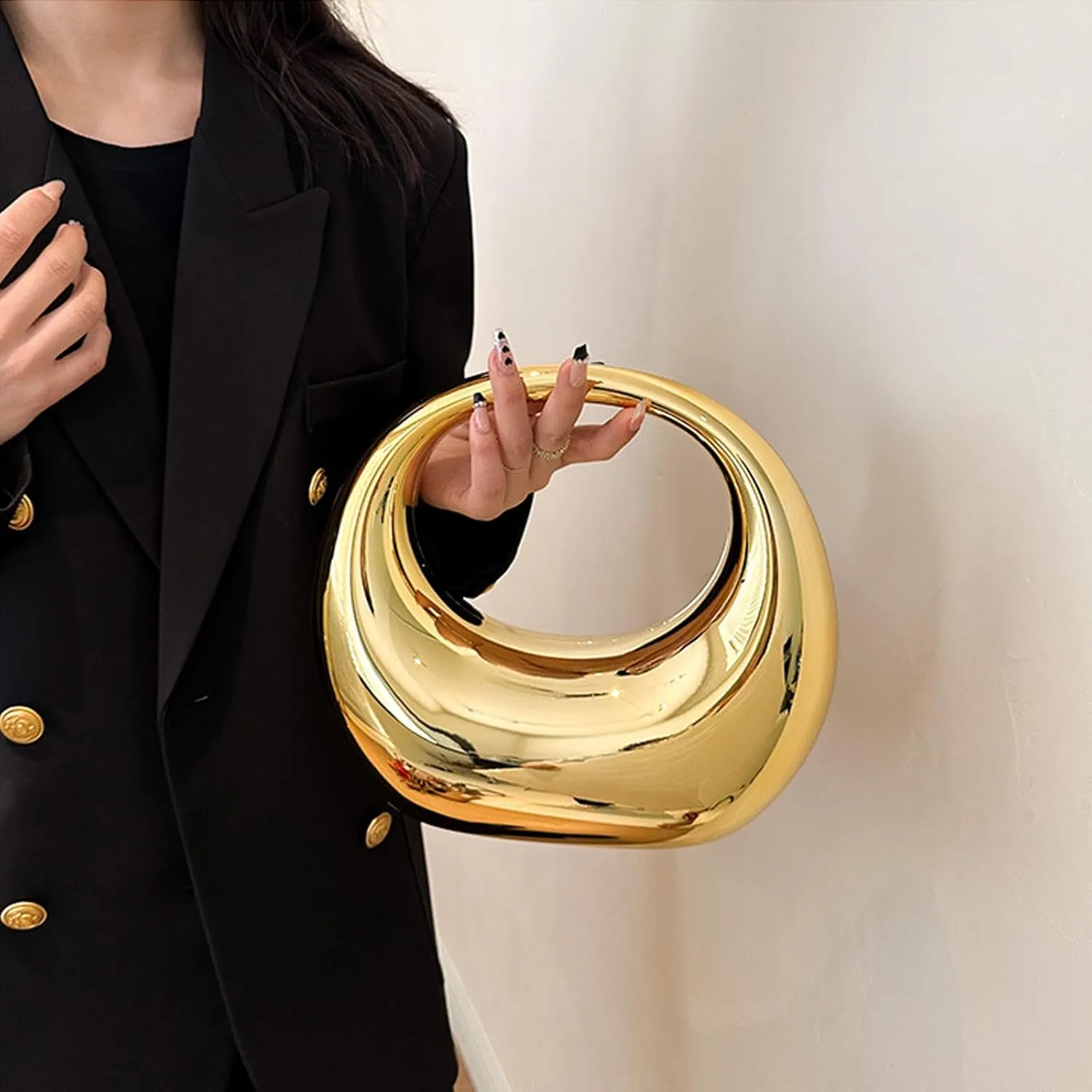 Women's Gold Acrylic Moon Shape Evening Clutch Purse Fashion Y2K Mirror Hobo Handbag for prom Party