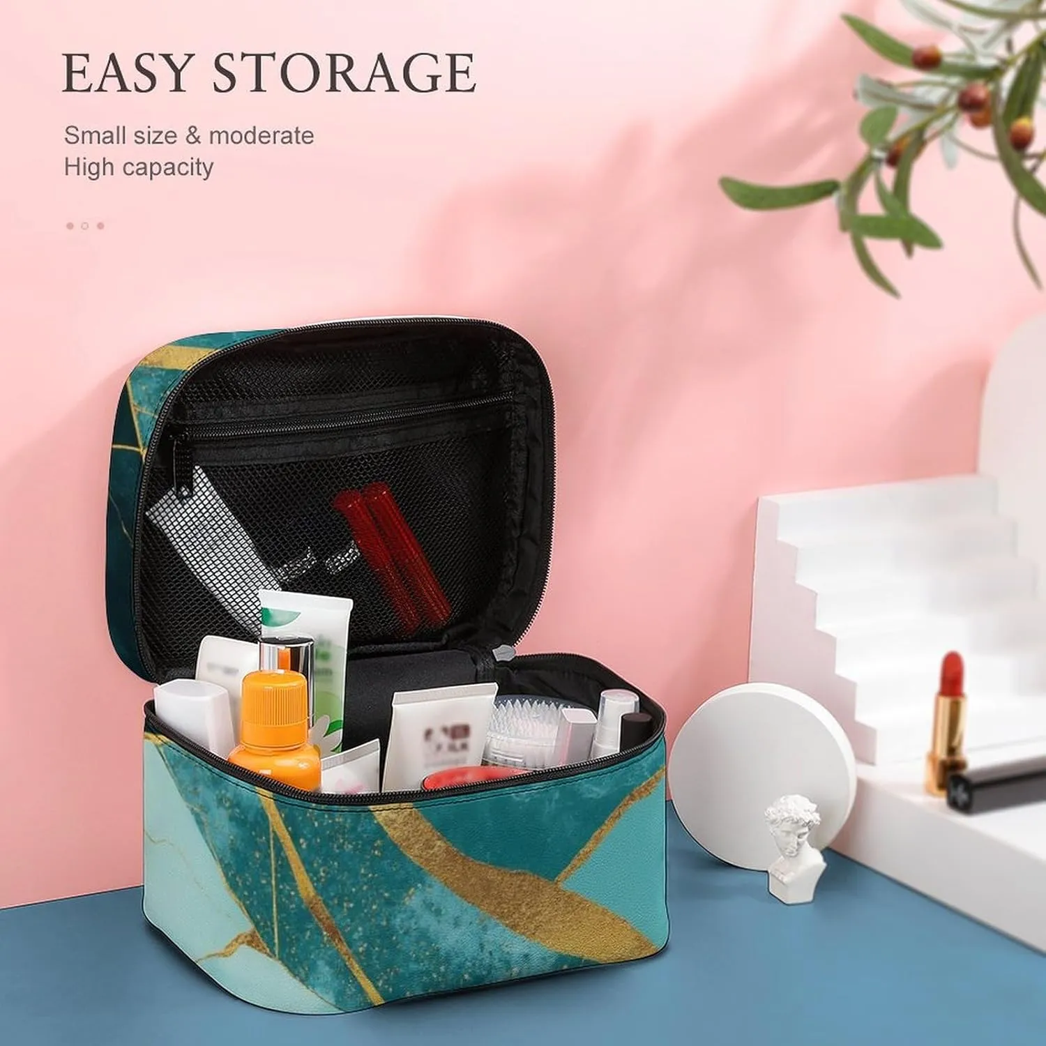 Women's Gold Glitters Marble Turquoise Luxury Texture Cosmetic Storage Bag, Large Capacity Makeup Case with Handle Portable Travel Toiletry Organizer Bag