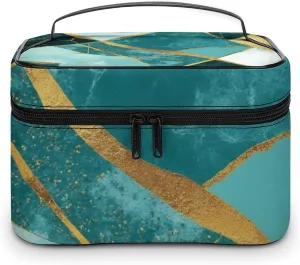Women's Gold Glitters Marble Turquoise Luxury Texture Cosmetic Storage Bag, Large Capacity Makeup Case with Handle Portable Travel Toiletry Organizer Bag